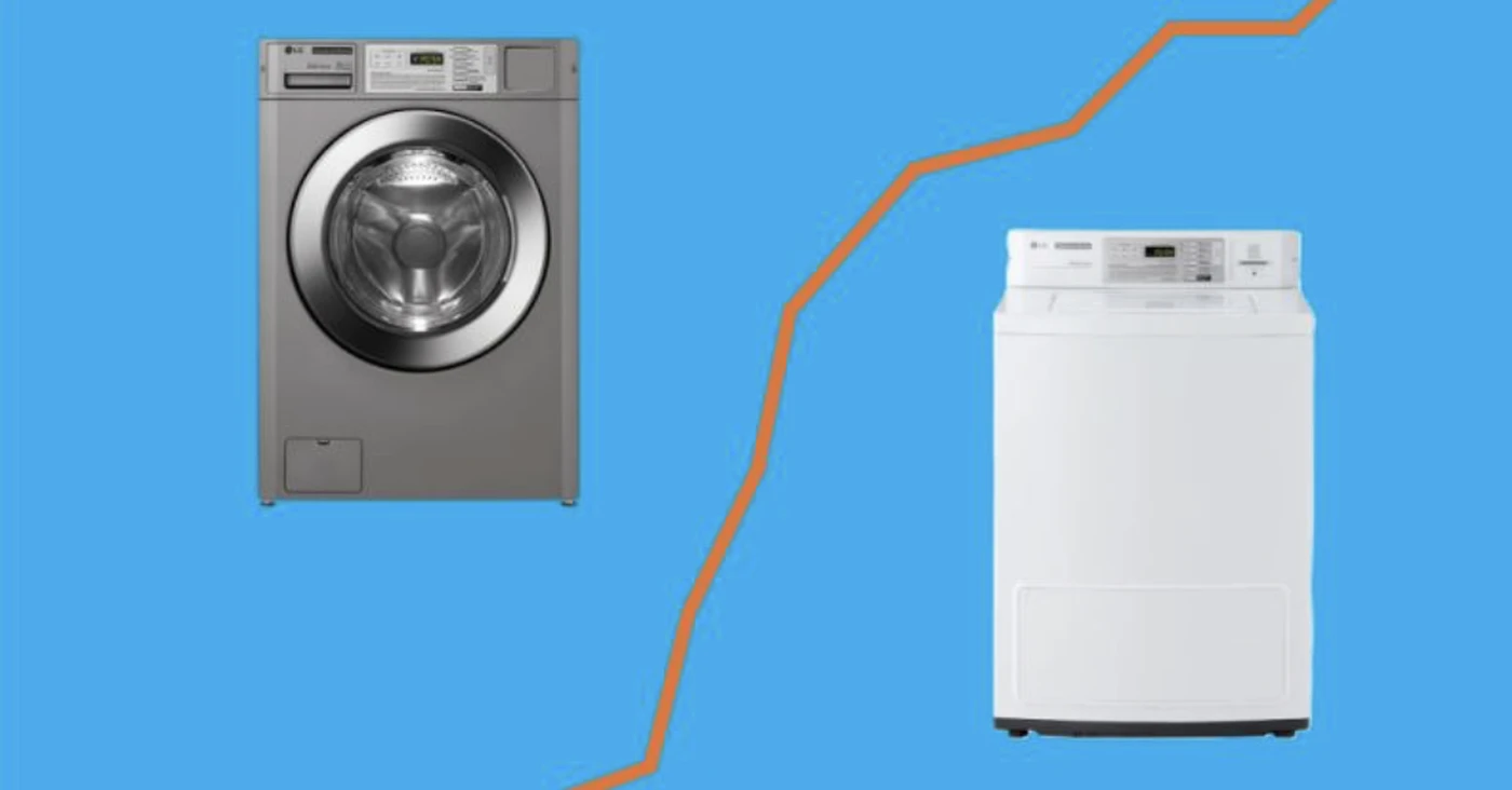 Illustration of a front load washing machine and a top load washing machine on a blue background