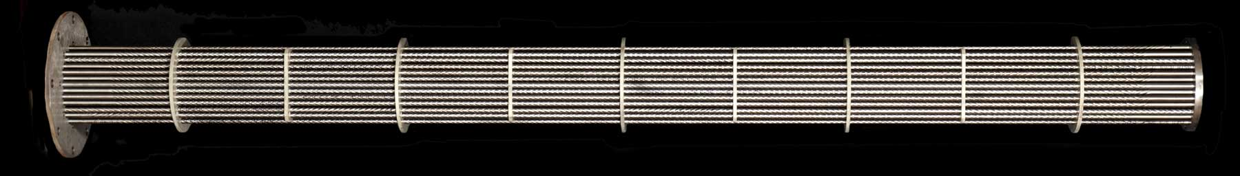 AquaTherm shell and tube heat exchanger bundle showing the stainless steel tubes that carry laundry waste water