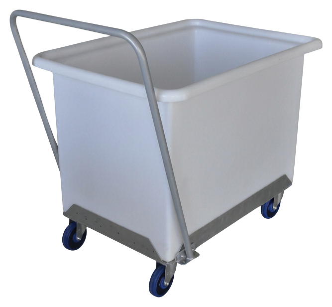 Commercial laundry linen trolley with polyethylene tub and steel push handle