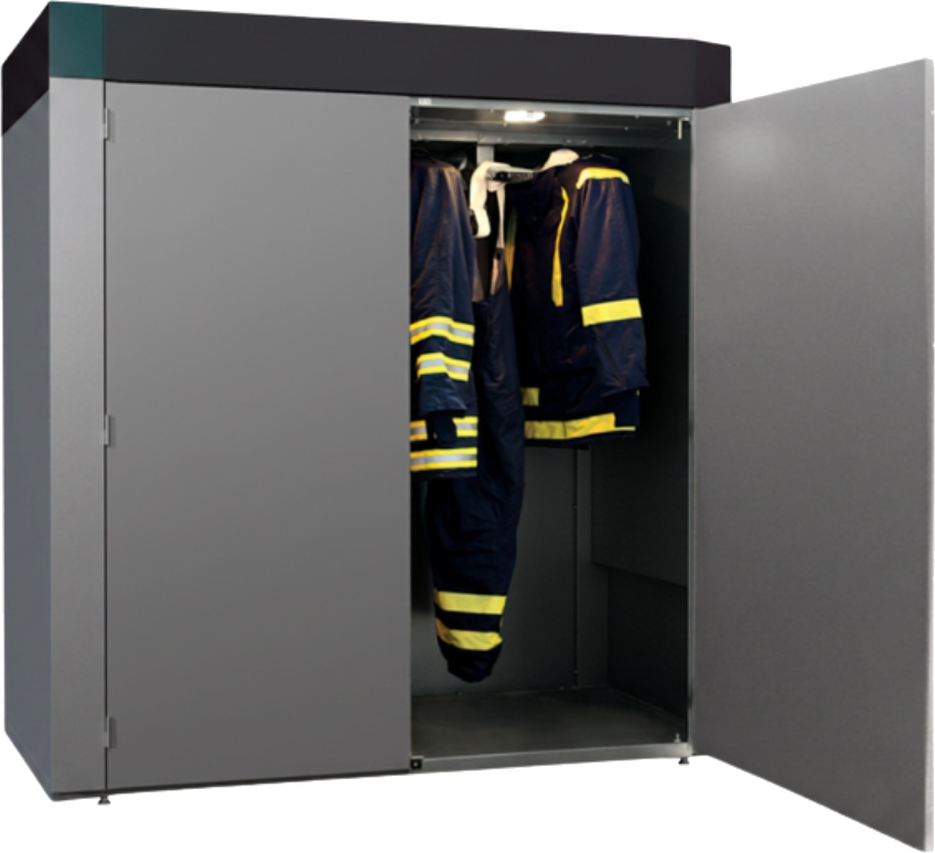 Commercial drying cabinet with workwear hanging inside