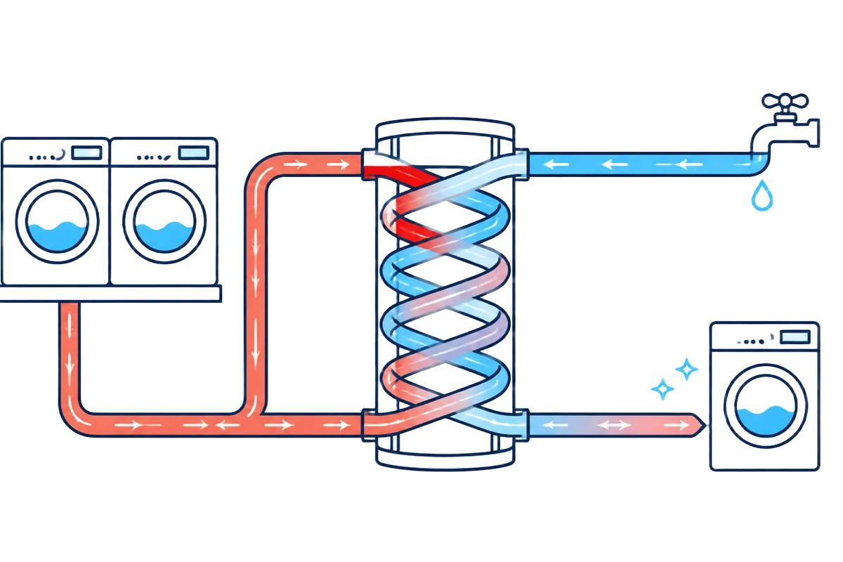 Diagram showing hot laundry waste water preheating incoming cold water through a spiral heat exchanger