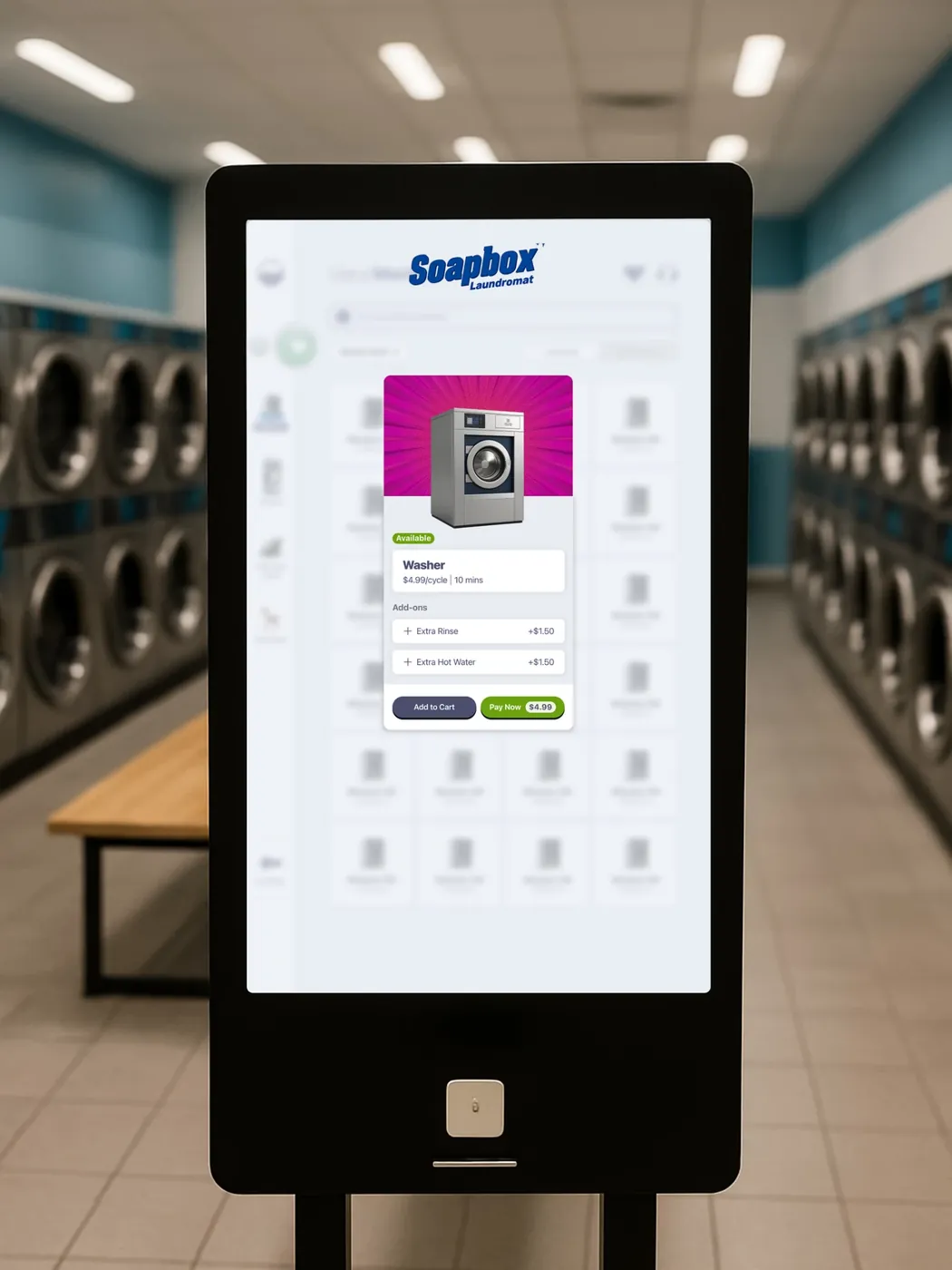 BubblePay kiosk running a laundromat machine-selection screen
