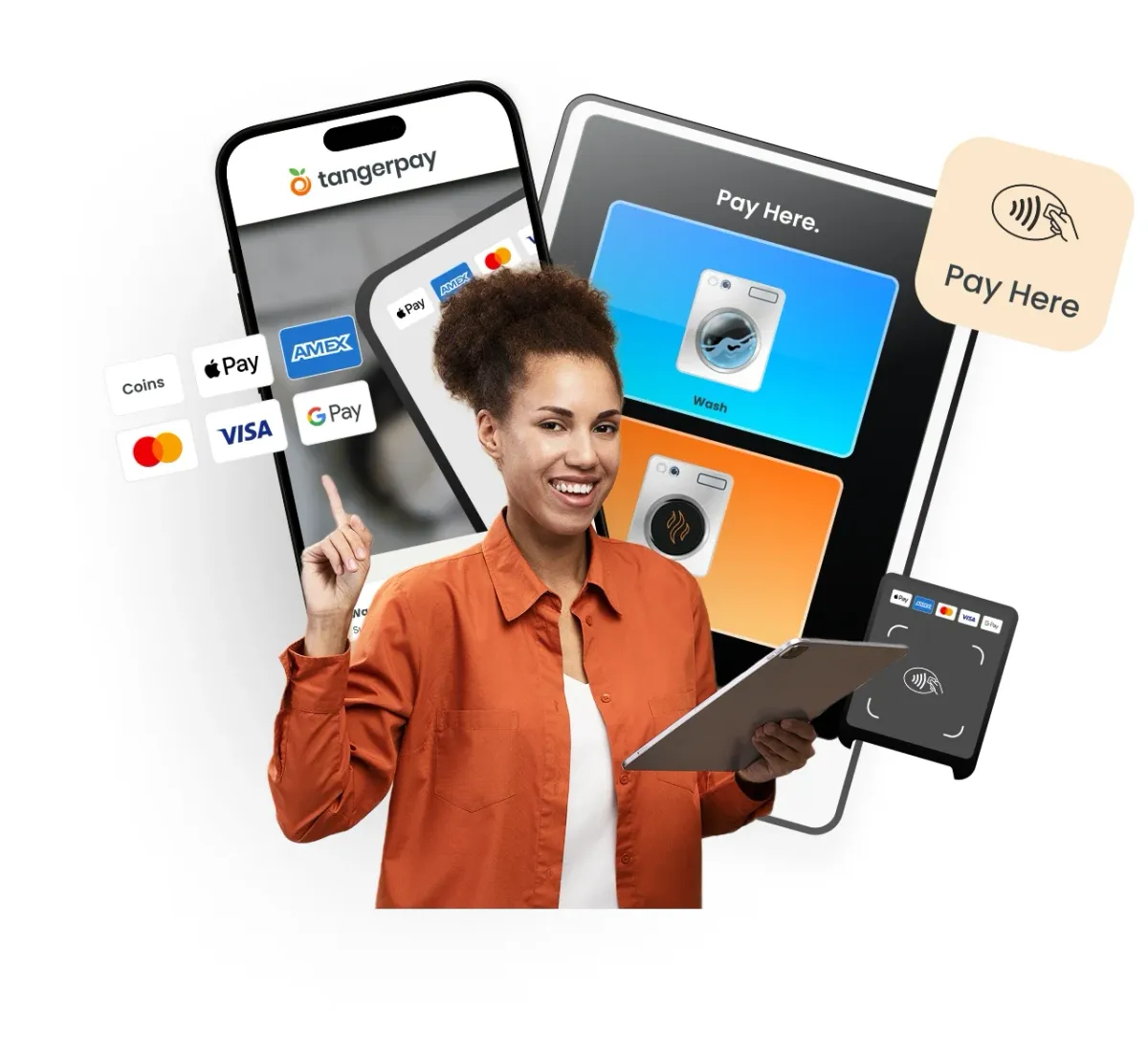 Laundry payment options including Tangerpay app, tap to pay terminal and card payments
