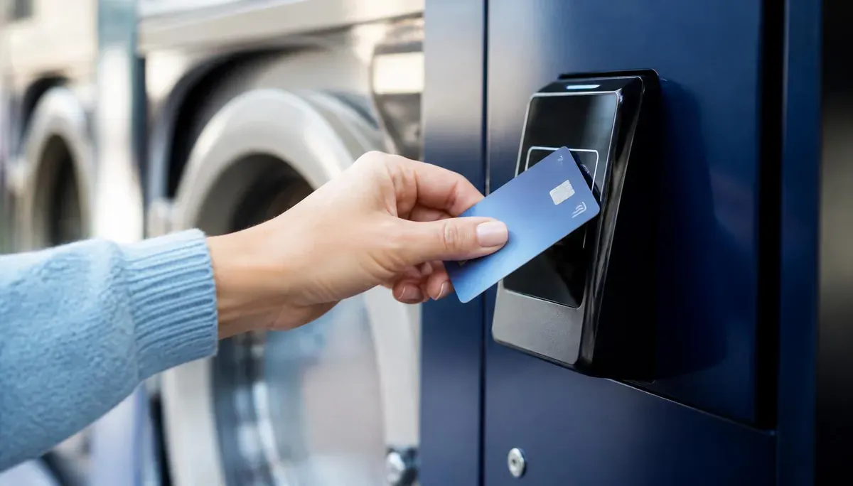 Customer tapping a card on a payment terminal fitted to a commercial washer