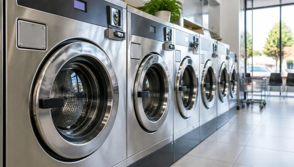 Row of coin operated commercial washing machines in an Australian laundromat