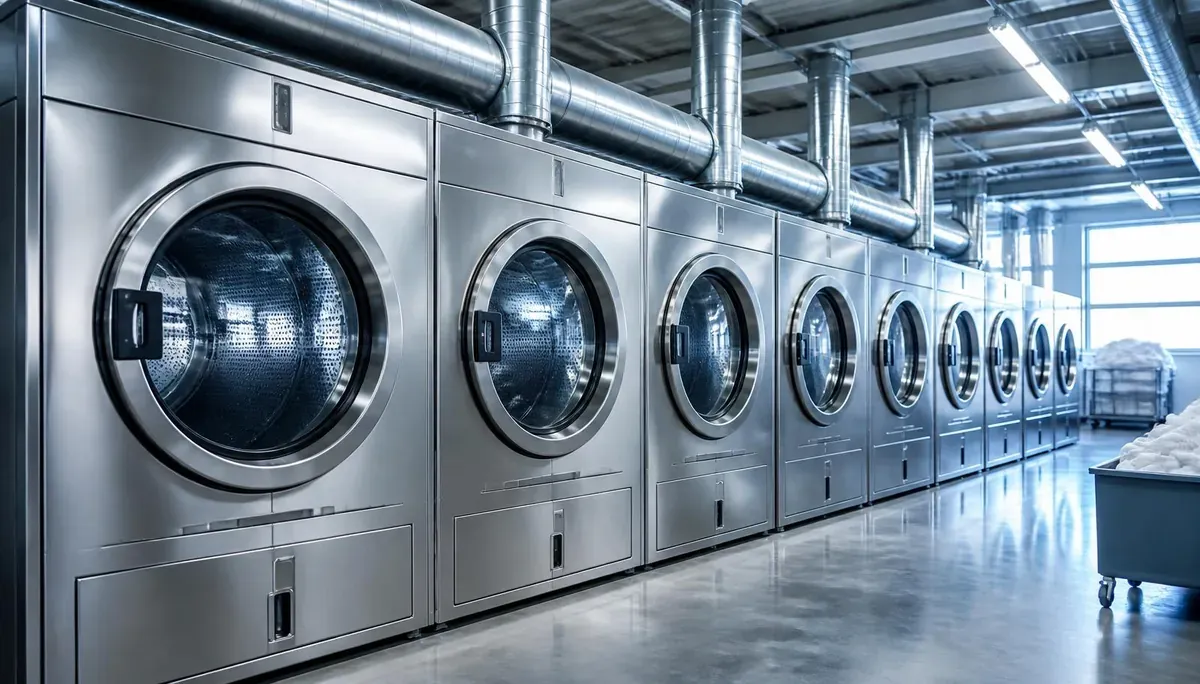 Row of large stainless steel commercial tumble dryers with overhead ducting