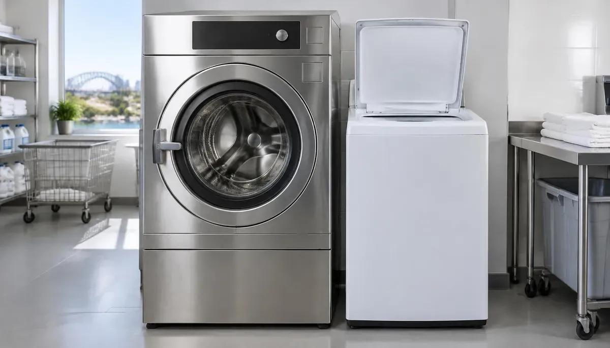 Front load commercial washing machine beside a top load washing machine in an Australian laundry