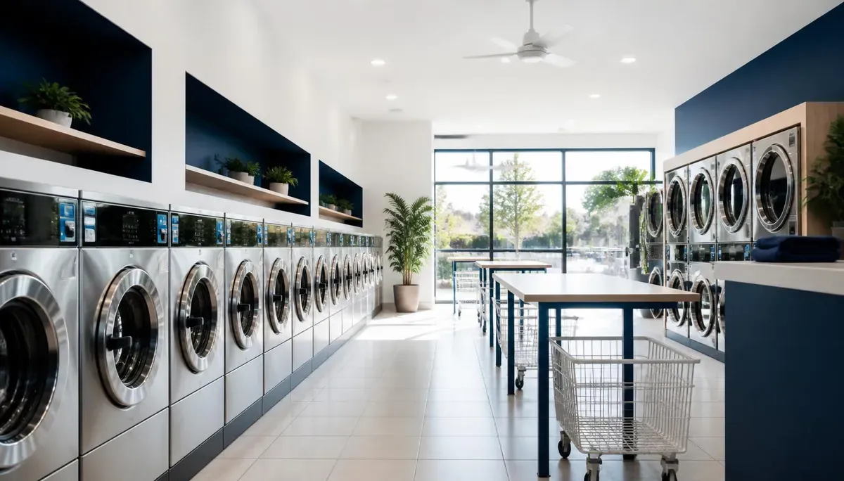 Modern Australian laundromat with rows of commercial washers and dryers