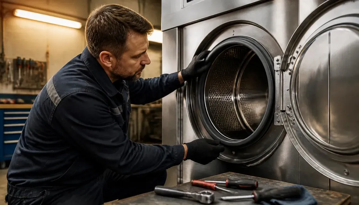 Technician inspecting the drum and door seal of a used commercial washer