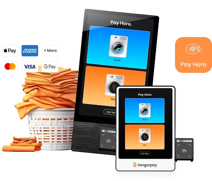 Tangerpay kiosk range with wash and dry pay-here screens