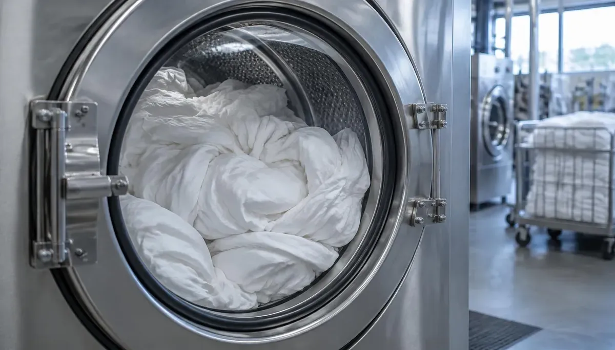 Stainless steel commercial washing machine loaded with white linen in an Australian laundry